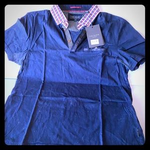 Ted Baker Dark Blue Check Woven Collar Polo Size M